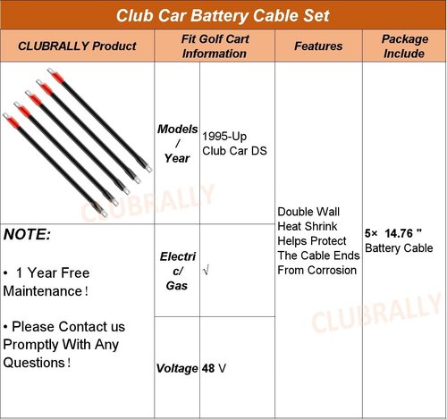 CLUBRALLY Golf Cart Battery Cable Set, 48 Volt 4 Gauge Club Car Battery Cables, Fits for Club Car DS 1995-Up Golf Carts