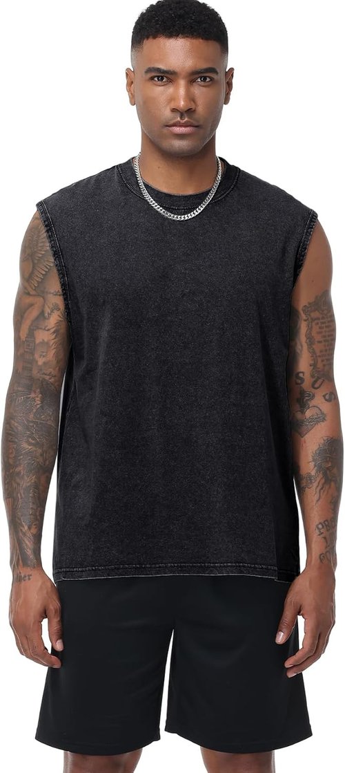 Flygo Men's Sleeveless Workout Tank Tops - Cotton Muscle Tees for Gym | Acid Wash Design
