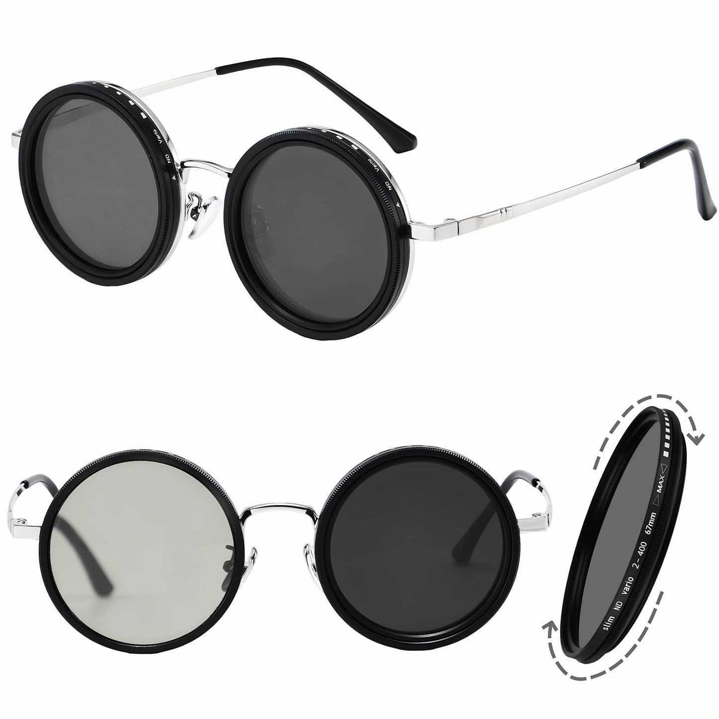 ZWJ Adjustable Tint Sunglasses, ND Filter 1–9 Levels Stepless Adjustment, Lightweight Steampunk Retro Metal Round Polarized Glasses for Men and Women (Silver)