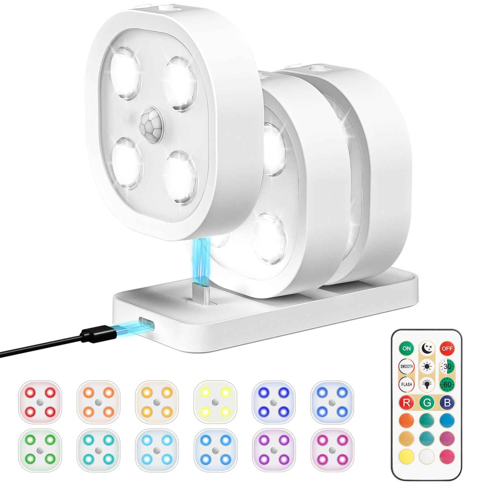 3PCS Motion Sensor Step Light, Wireless Rechargeable Puck Lights with Remote, Under Cabinet Lights with 3 Colors&RGB, Magnet Stick on Light for Closet, Hallway, Stairway, Bathroom, Bedroom, Kitchen