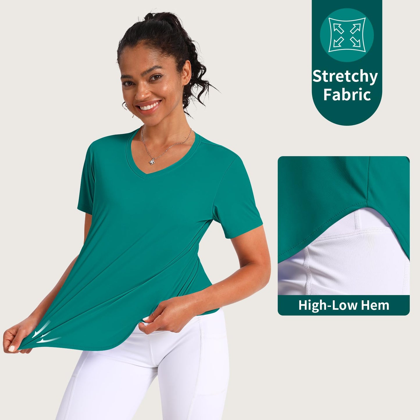 CHALLMOTI Women's Short Sleeve Workout Tops Athletic Shirts V Neck Sun Shirts UPF 50+ Quick Dry Quick Dry Dark Green XL