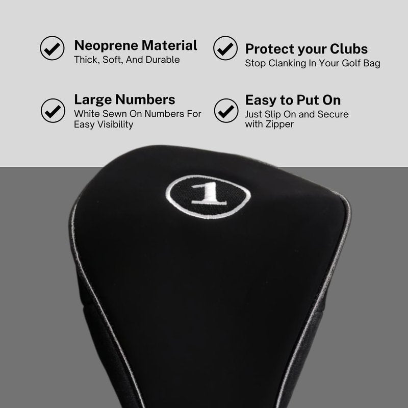 Black Golf Zipper Head Cover Driver 1 Headcover Neoprene Traditional Plain Protective Cover Fits Drivers up to 460cc for Golfing Buddies