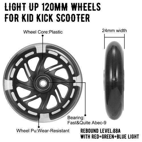 2Pcs 120mm Light Up Scooter Wheels - 2pcs Rear 80mm Light-Up Flashing 3-Wheeled kid Scooter Replacement Wheels with ABEC-9 Bearing for Kick Scooter