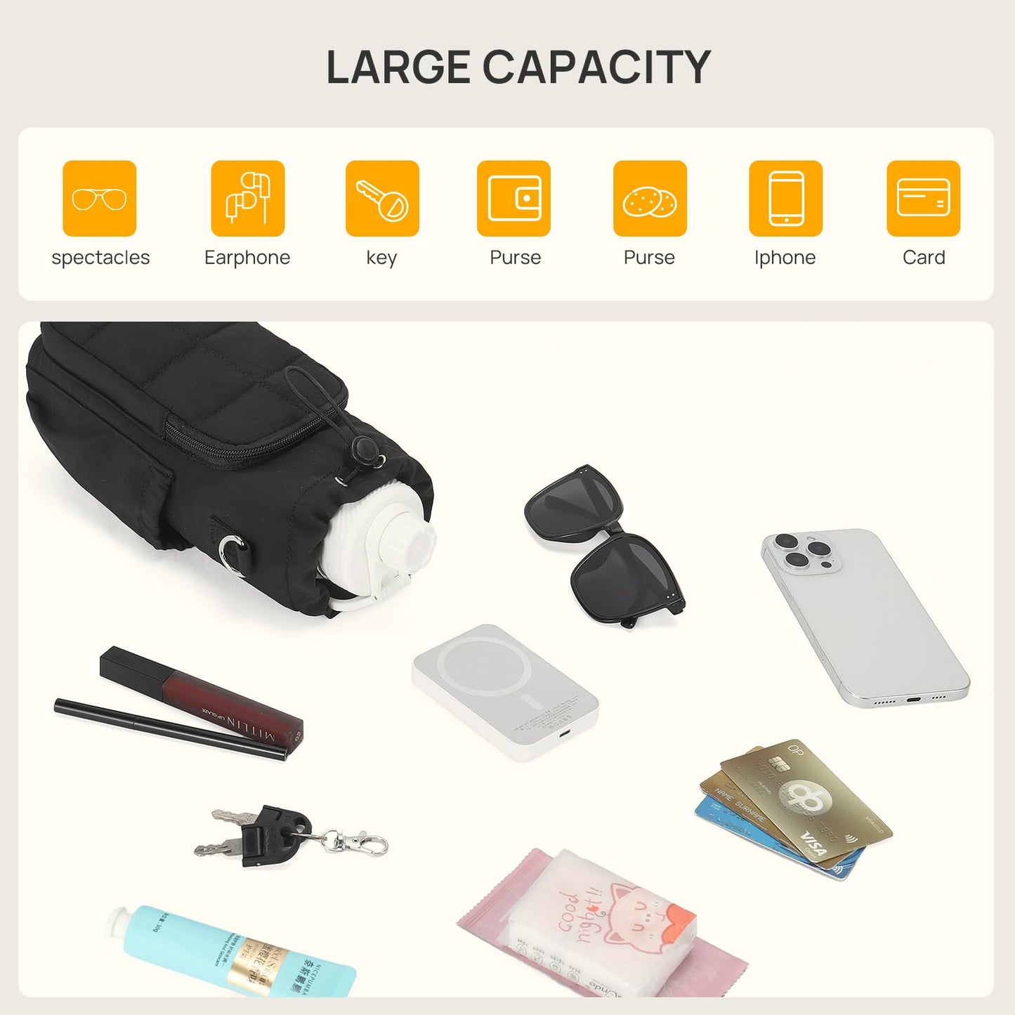 Telena Water Bottle Holder with Strap 40 oz Crossbody Water Bottle Bags for Women Men Walking, Running Black