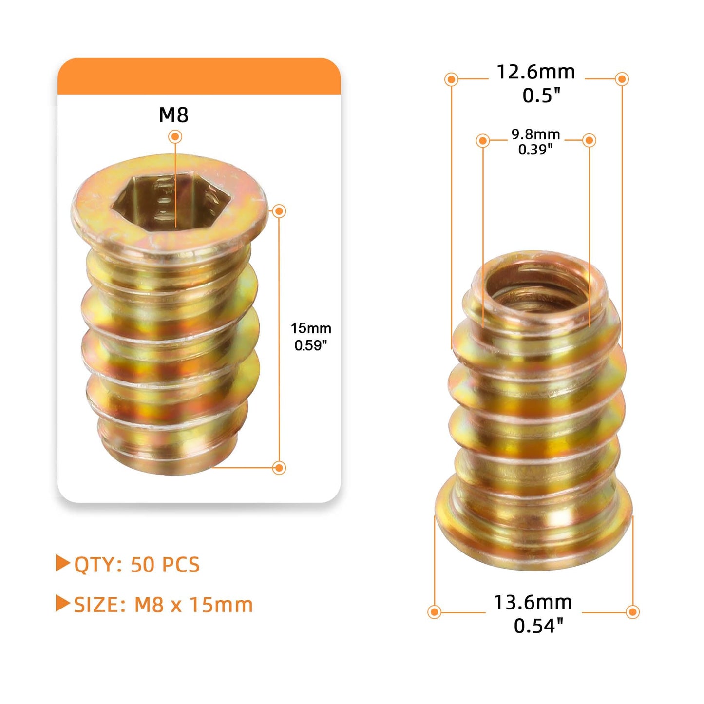 M8-1.25 x 15mm Threaded Insert for Wood Furniture Screw in Nut Threaded Wood Inserts Bolt Fastener Connector, Zinc Plated Carbon Steel, 50 PCS (with Hex Spanner)