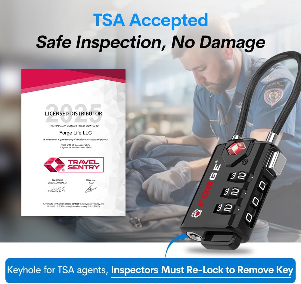 Skiennix TSA Approved Cable Luggage Locks - Re-settable Combination, Durable Alloy Body | Black, Set of 2