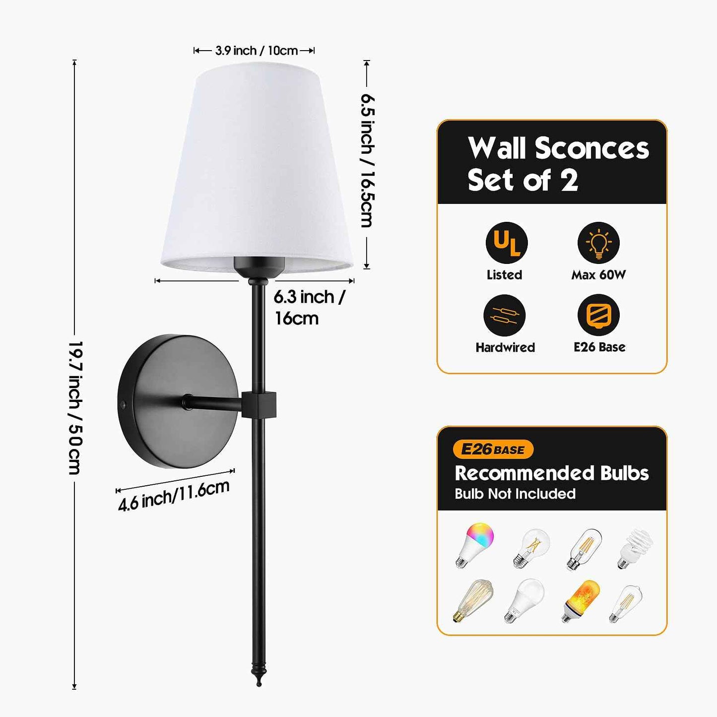 Wall Sconces Sets of 2, Retro Industrial Wall Lamps, Vanity Sconces Wall Lighting with White Fabric Shades, Wall Lights Suitable for Bathroom Bedroom Living Room Kitchen(Black)