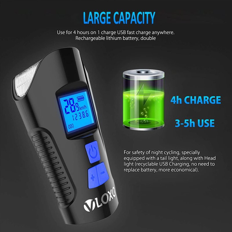 VLOXO Bike Speedometer with LED Bike Light, USB Rechargeable Bicycle Computer with Loud Bike Bell (Blue)
