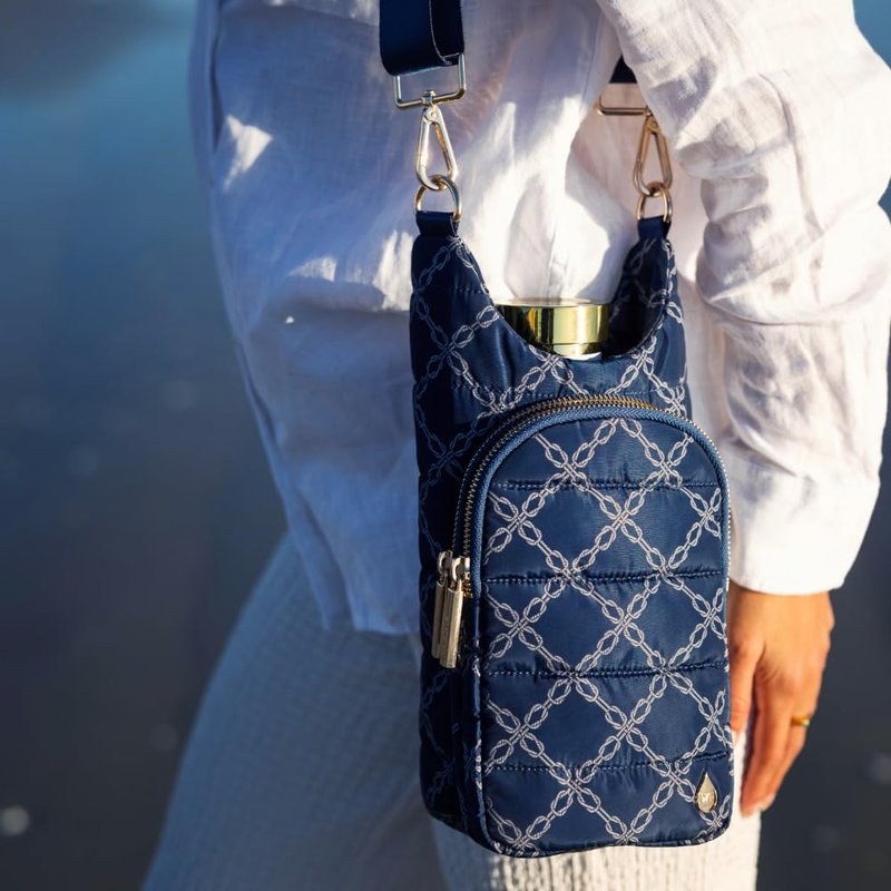 WanderFull® Original HydroBag®, Fits Up to 32 oz Water Bottle Holder with Strap, Gift for Women, Hands-Free Crossbody, Water Bottle Carrier Bag with Phone Pocket - Navy Knot Print, Mother’s Day Gift