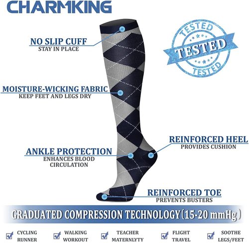 CHARMKING Compression Socks - 15-20 mmHg Support for Circulation | 8 Pairs for Running & Cycling