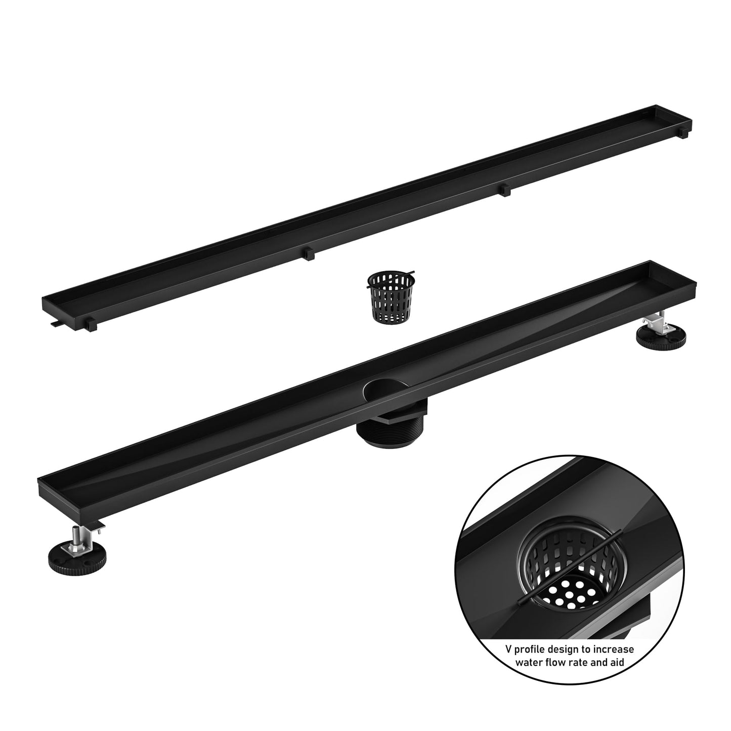 Bochni Linear Shower Drain 24" Matte Black 304 Stainless Steel | Fast Drainage | Tile Inserted | Stainless Floor Drain Grate | Hair Strainer | Drain Key | The Upgrade for Your Bathroom
