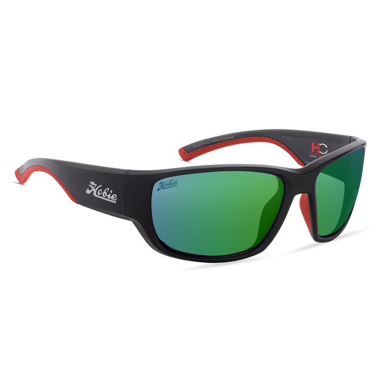 Hobie - Bluefin Float Sunglasses - Outdoor Sunglasses with HydroClean Lenses for Men and Women - Copper Sea Green Mirror Lenses/Hank Cherry Satin Black & Red Frame