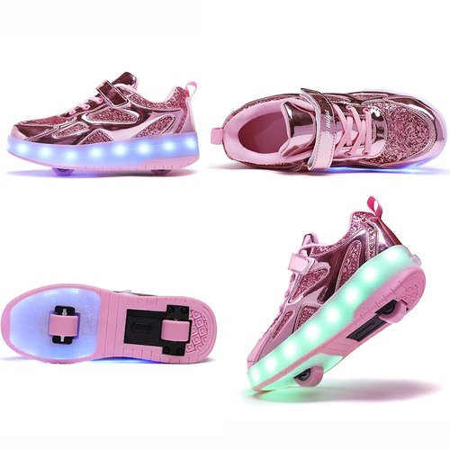 GIMKOUNN Roller Shoes Girls Sneakers USB Rechargeable 2 Wheels Shoes Roller Skates for Beginner Trainers Shoe 16 Modes LED Light Up Sneaker for Kids Boys Stylish Footwear Size 6.5