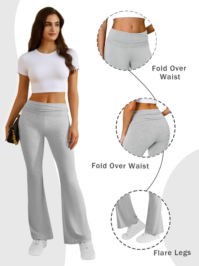COPYLEAF Flare Leggings for Women Fold Over Yoga Pants Stretch Bell Bottom Y2K Lounge Casual Sweatpants(Light Grey XS)