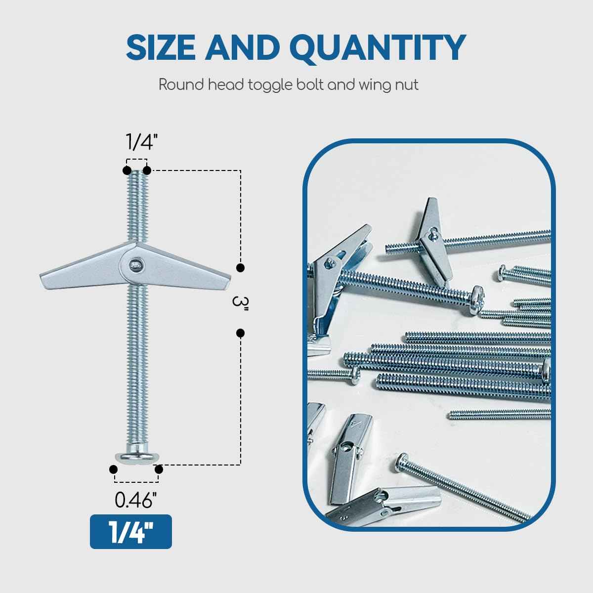 1/4X3-Inch Toggle Bolt and Wing Nut for Hanging Heavy Items on Drywall (60 Pack)