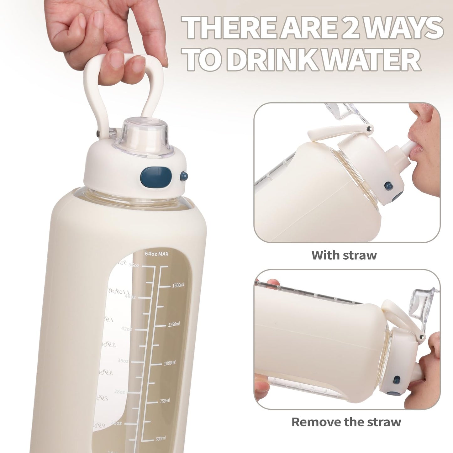 SIEROZUR 64 oz Glass Water Bottle with Straw and Handle Half Gallon Large Water Bottle with Silicone Sleeve and Time Marker Sports Water Jug Wide Mouth for Travel Gym