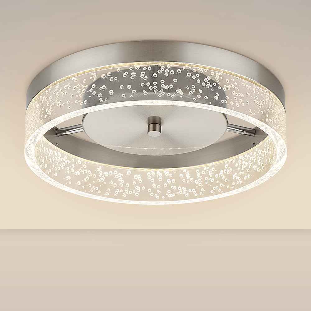 Modern 12-Inch LED Crystal Flush Mount Chandelier - Dimmable Ceiling Light for Dining Room, Bedroom & Kitchen - Brushed Nickel Finish