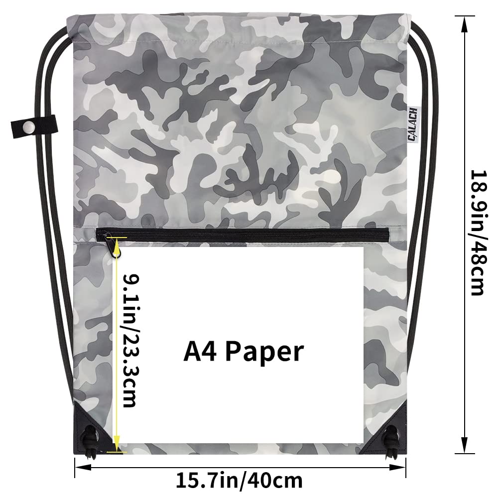 CALACH draw string back bag, Large Gym Sports string backpack for men and women with front zipper pocket and inside zipper pocket to keep key or phone (Grey camo)