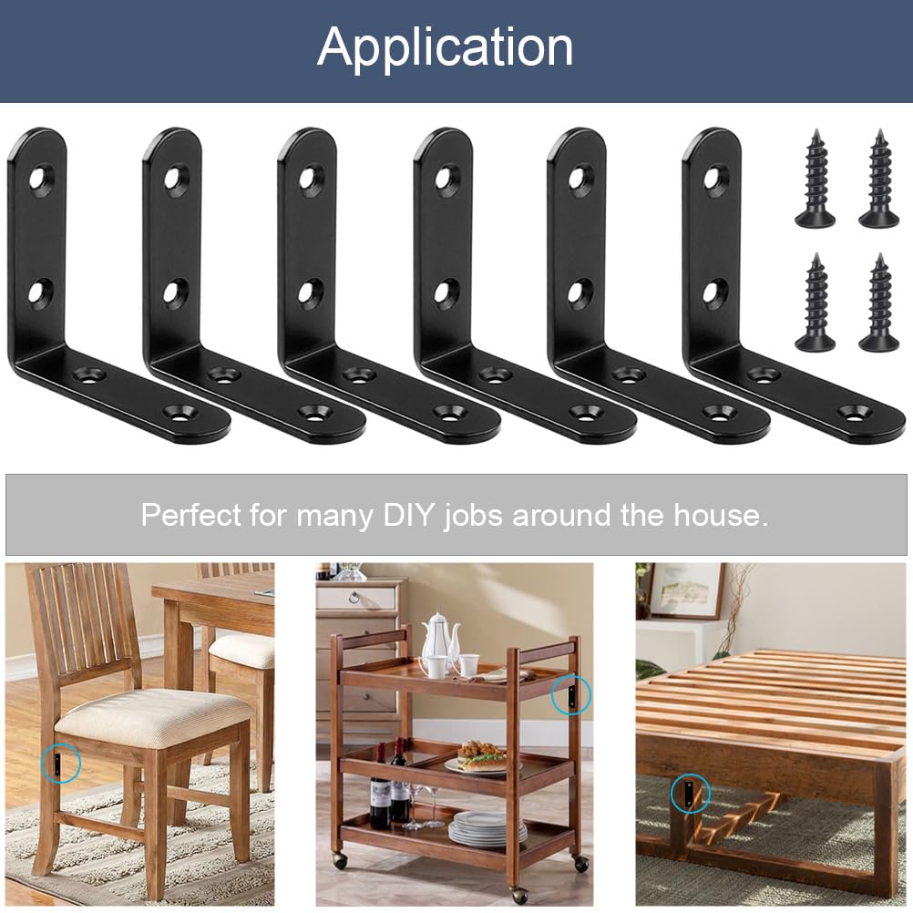 6 Pcs Black L Bracket Corner Braces Stainless Steel 65x65mm Heavy Duty Shelf Bracket for Wood, Shelves, 90 Degree Support Joint Right Angle Brackets