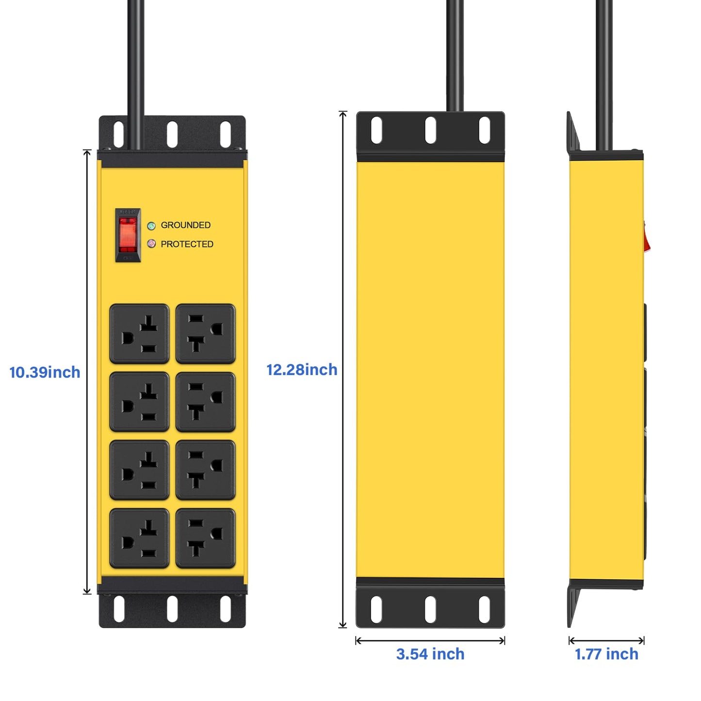 CCCEI Yellow Heavy Duty Power Strip Surge Protector 20 AMP, 8 Outlets 12 Gauge Industrial Shop Garage Metal Multiple Outlets, 25 FT Extension Cord 5-15P Adapter High Amp 6-20R T-Slot 20a for Appliance