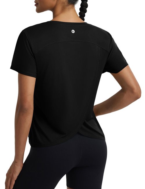 baleaf Women's Short Sleeve Workout Shirts Athletic Tops Sun Protection Breathable T-Shirts Quick Dry Gym Running Tennis Black M