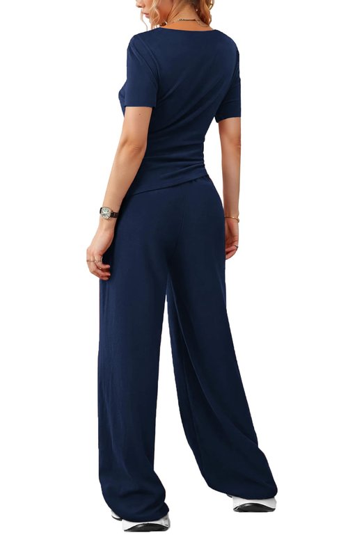 vyolu Women's 2 Piece Lounge Sets Asymmetrical Short Sleeve Wide Leg Pants Casual Outfits Tracksuit Streetwear