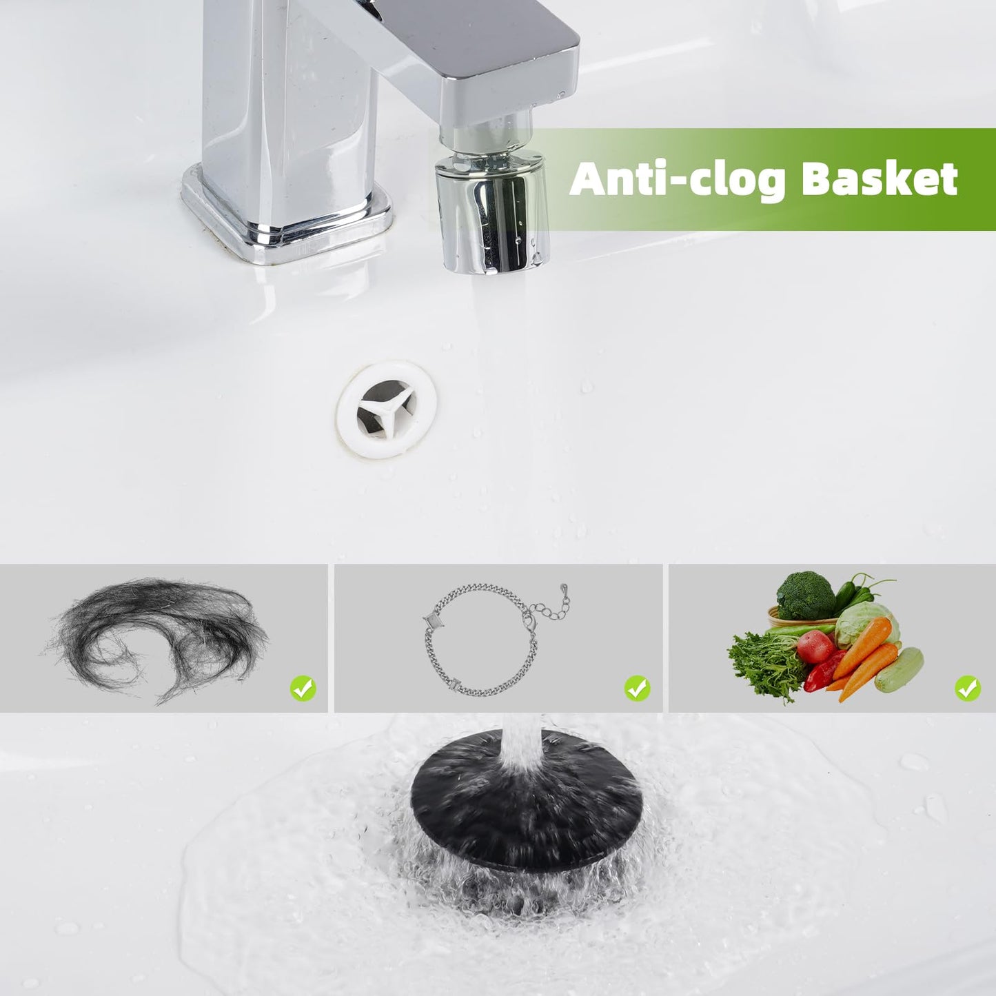 Universal Bathroom Sink Stopper 2 in 1 Pop Up Metal Sink Drain Strainer with Hair Catcher, Fit for 1.1~2.36" Sink Basin Hole, Not for Bathtub, Big Cover Cap, Anti-clog, Matte Black