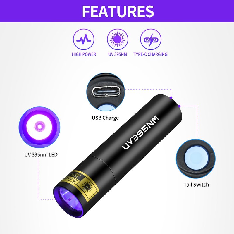 UV Flashlight Rechargeable 395nm Black Light for Pet Urine Detection, USB - C Portable Blacklight Mini Powerful Woods Lamp LED ultra violet Flashlights uv for Resin Curing, Leak Detection, Travel