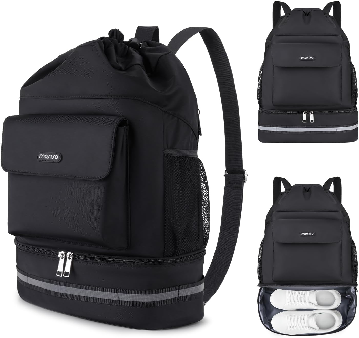 MOSISO Gym Bag - Sports Drawstring Backpack with Shoe Compartment & Front Pocket | Black Fitness Duffle for Travel and Yoga