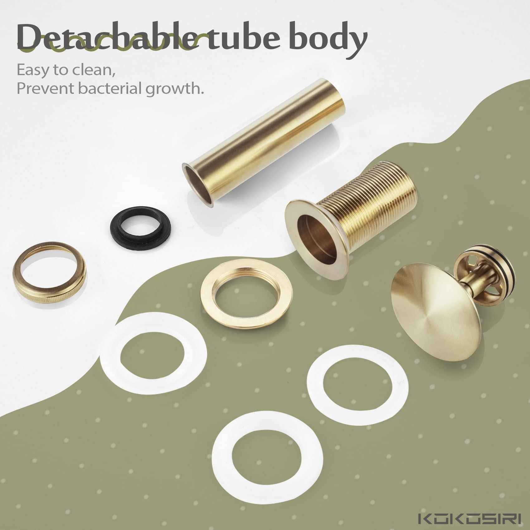 KOKOSIRI Pop Up Sink Drain with Strainer Basket, Brushed Gold Bathroom Sink Drain with Detachable Hair Catcher Anti Clogging for Vanity Vessel Sink Without Overflow, C1002BG