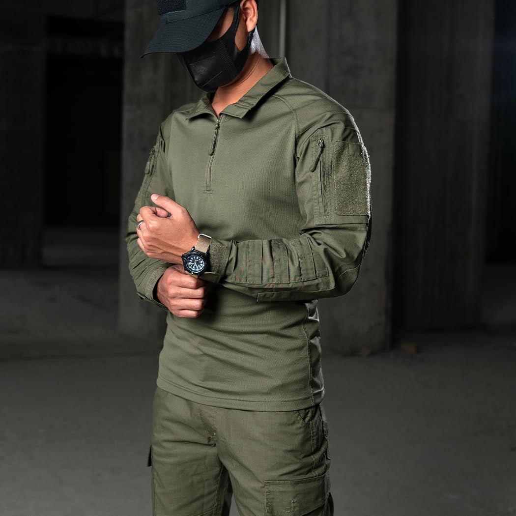 IDOGEAR Men’s Combat Shirts Tactical Long Sleeve Shirt with Elbow Pads Military BDU Shirts with Pockets Airsoft Clothing(Ranger Green,Medium)