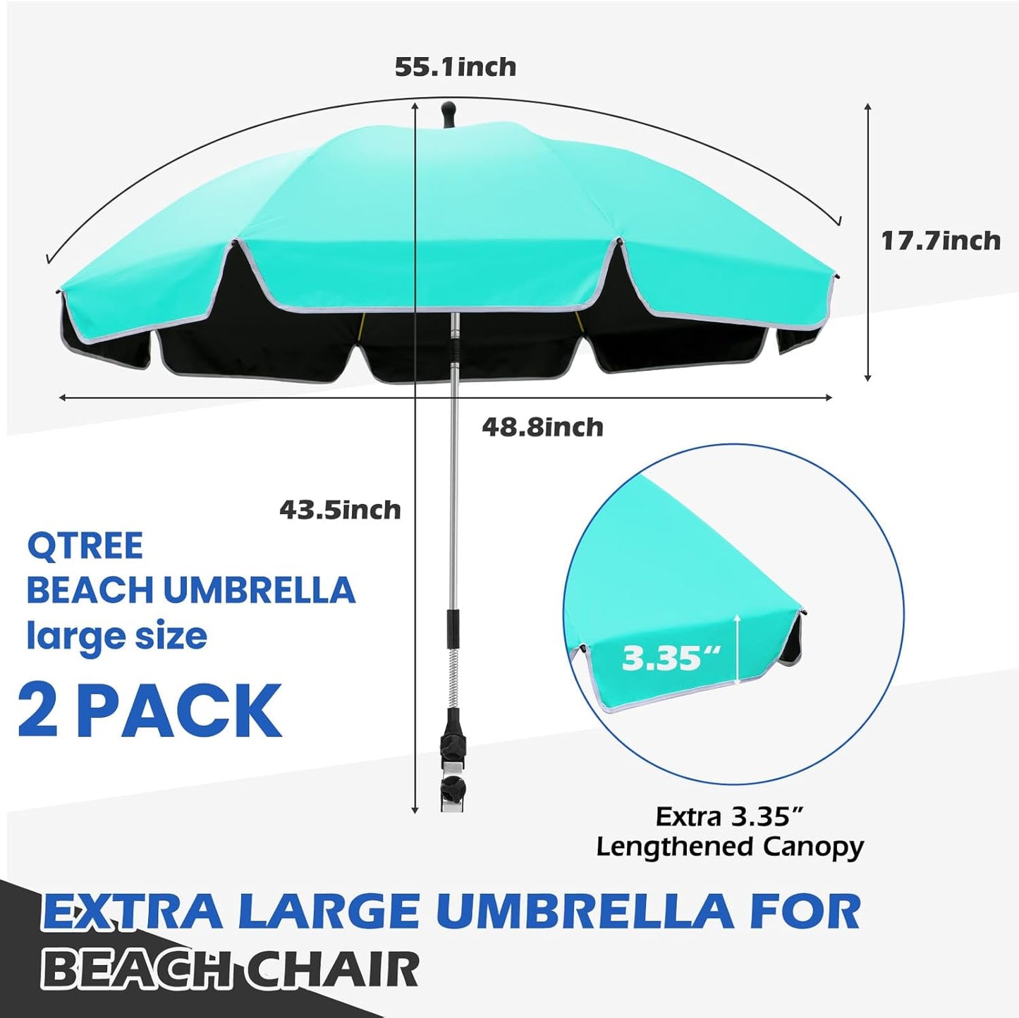 Skiennix 48.8-Inch Large Beach Umbrella - 360° Adjustable UV Protection with Clamp for Outdoor Use