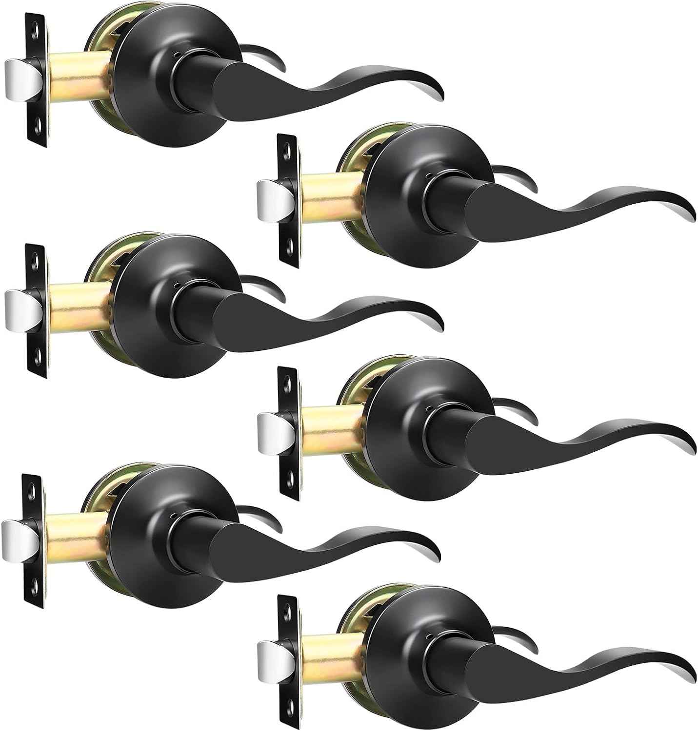 Black Privacy Door Levers - 6 Pack Keyless Modern Wave Handles for Bedrooms