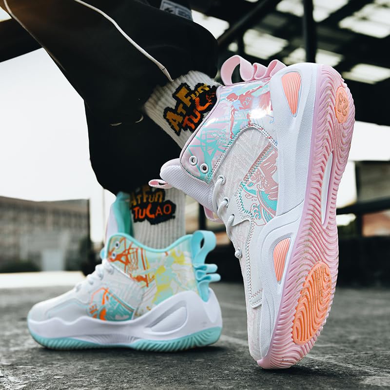 KIUSMETY 9 Women / 8 Men Green Pink High Top Basketball Shoes – Breathable Non Slip Outdoor Sneakers