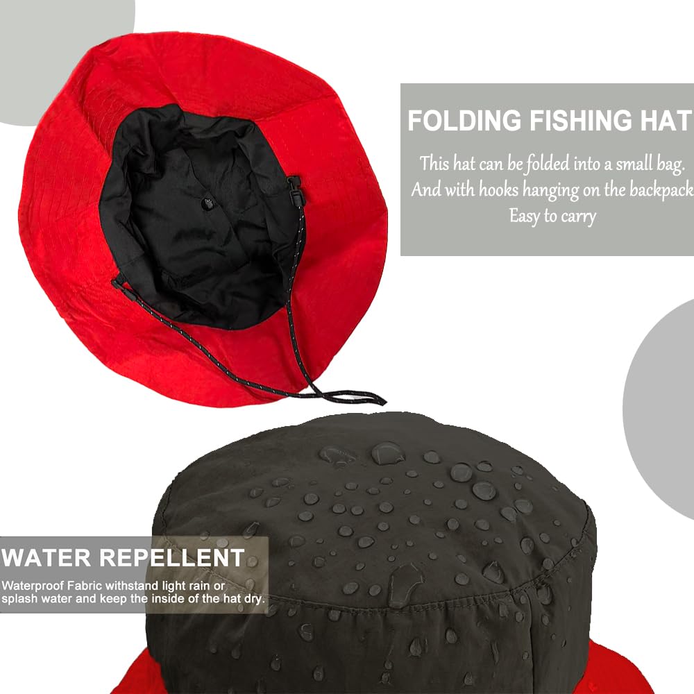 Foldable Bucket Hat for Men Women - Quick Dry Wide Brim Sun Hat with UPF 50+ UV Protection, Packable Breathable Cap for Travel, Hiking, Fishing & Beach（Black red）