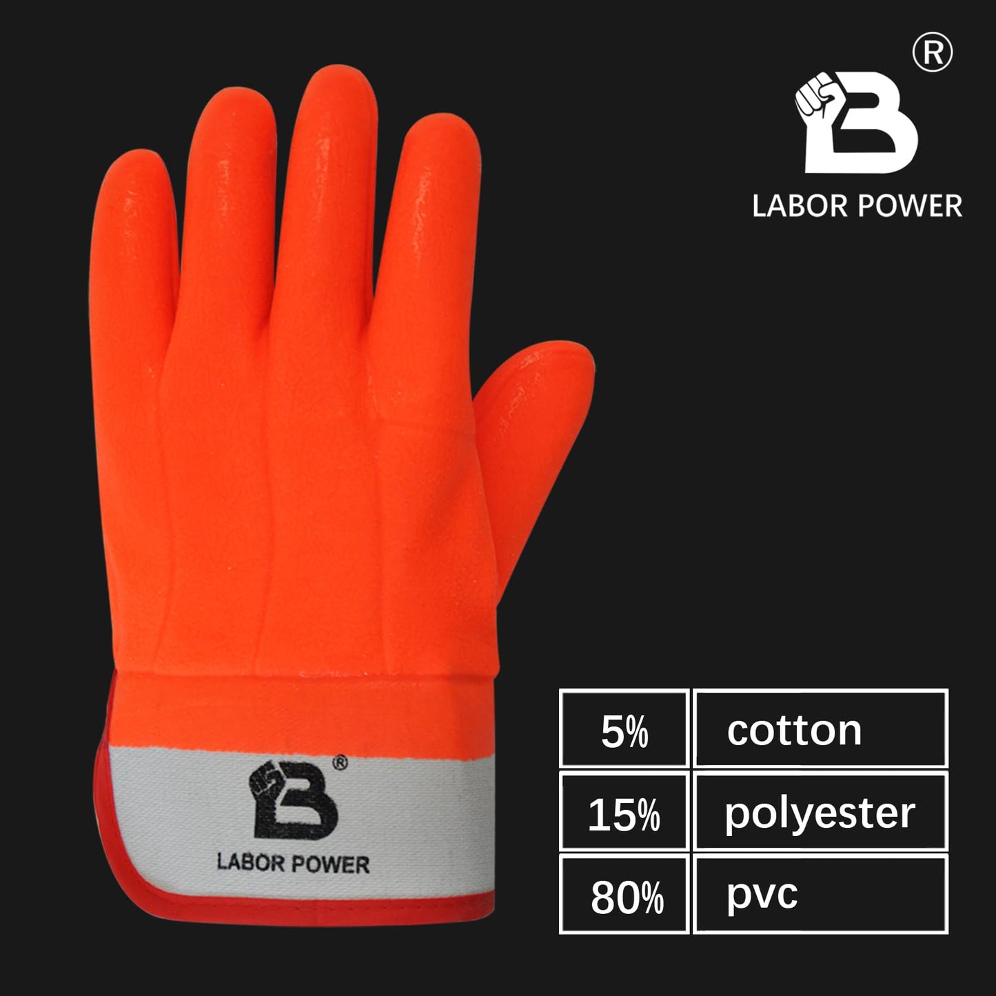 LABOR POWER PVC Foam Lined Gloves for Men Waterproof Work Gloves with Rubberized Safety Cuff, Sandy Finish (Orange 1 Pairs)