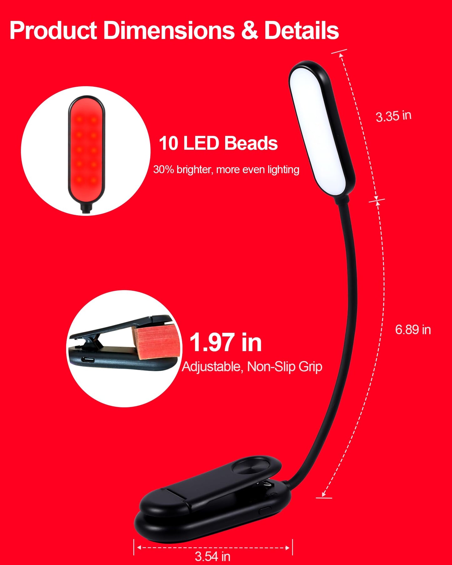 Finezeal 625nm Red Book Light - Rechargeable Clip On Red Reading Light Therapy for Sleep - No Blue-Light, Poratble LED Book Lamp, Gift for Kids Students Travel Nursing Studying - 3 Adjustable Modes
