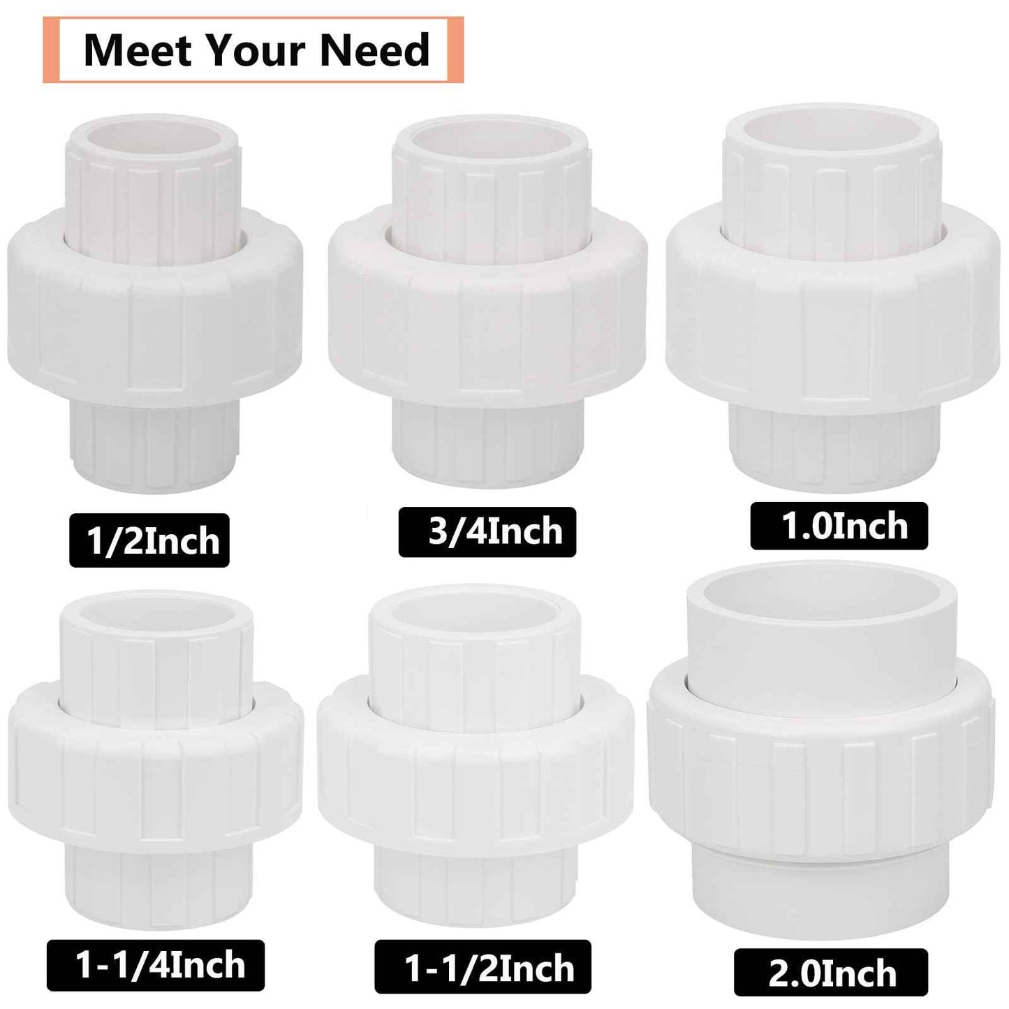 2 Pack 2" PVC Union Coupling Pipe Fitting (Socket x Socket) 2 Inch PVC Slip Union PVC Adapter Coupling Schedule 40, EPDM O-Ring, White