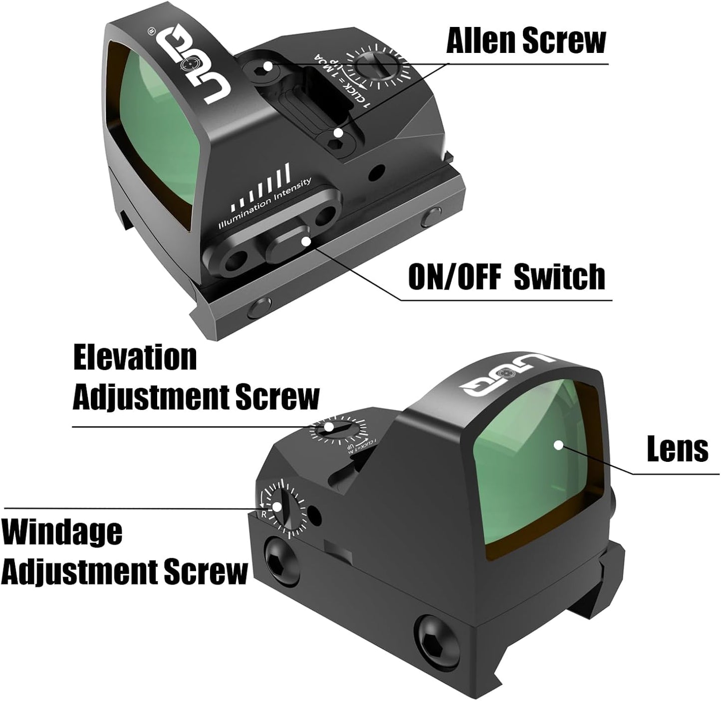 UUQ Mini Reflex Red/Green Dot Sight - 2MOA with 7 Brightness Settings | Fits RMR & 20mm Picatinny Rail