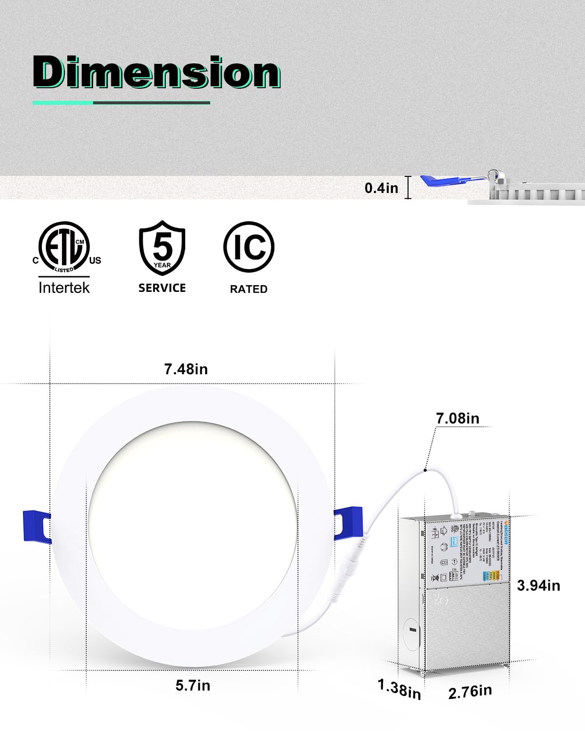 VOLISUN 12 Pack 7 inch Recessed Lighting, 5CCT LED Recessed Light with Junction Box, 2700K-5000K Selectable, Dimmable Canless Wafer Downlight, LED Ceiling Light ETL Certificated