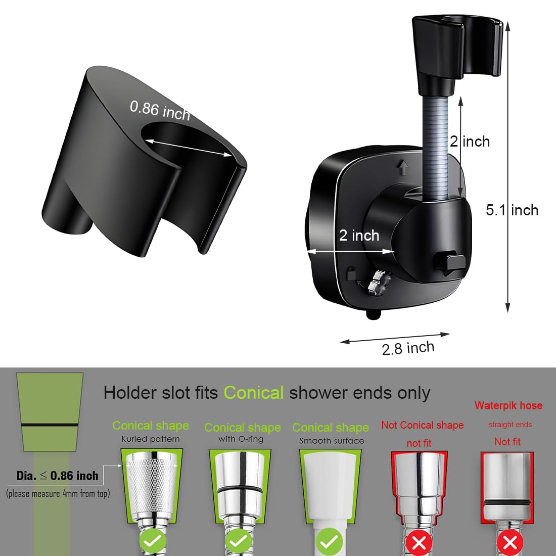 Suction Cup Shower Head Holder - Angle Adjustable Spring Arm, Flexible Wall Mount Shower Hose Holder, Removable Hand Held Shower Bracket with Vacuum Lock & Bonus Hook for Bathroom, Kitchen