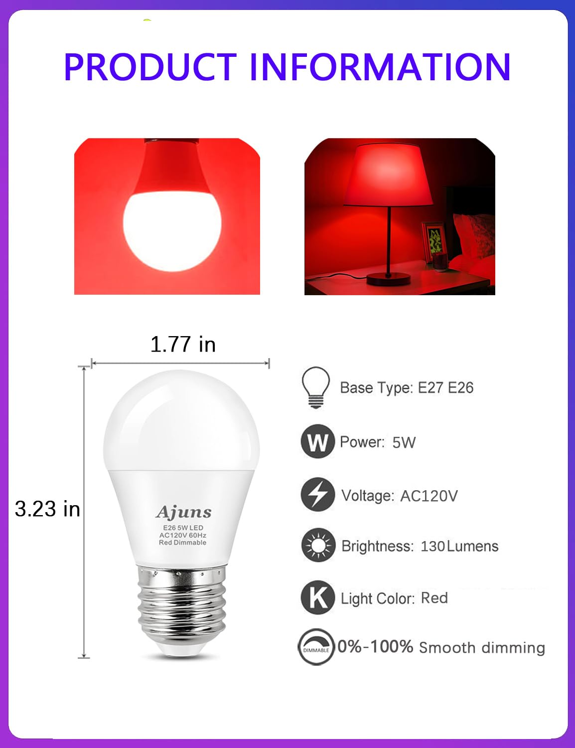 630nm LED Red Sleep Light Bulb Dimmable, Blue Light Blocking Bulb Promoting Melatonin Red Light Bulbs, A15 LED 5W 40W Equivalent Night Light E26 Base 6Pack
