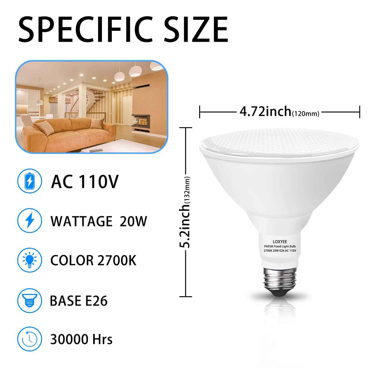 LOXYEE PAR38 LED Outdoor Flood Light Bulbs 4 Pack，Dimmable 20W(200W Equivalent) E26 Base Flood Light Bulbs,2700K Soft White 1800 Lumens LED Flood Light for Outdoor Garden,Garage,Yards