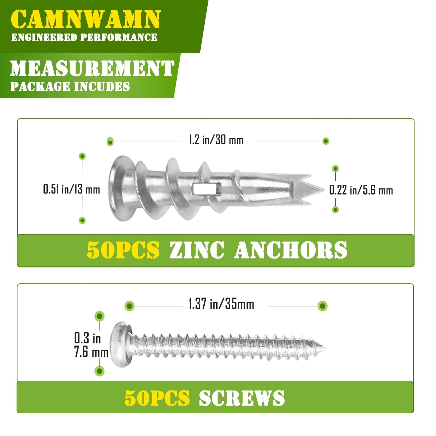 #8 Zinc Metal Self-Drilling Drywall Anchors, 100pcs (50 Anchors+50 Screws) Hollow Metal Wall Anchors and Screws Kit with Cross Groove Drill Bit, 50pcs Heavy Duty Anchors 50pcs #8 x 1-1/4" Screws