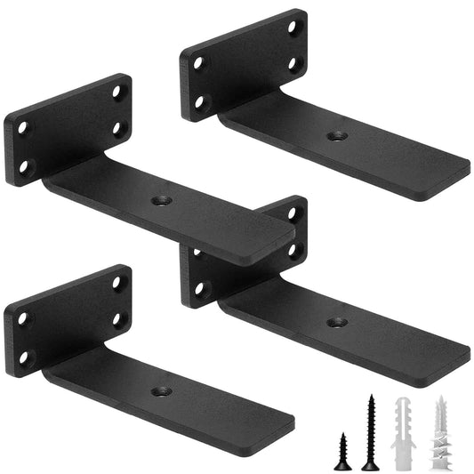 HITOMEN Heavy Duty Floating Shelf Brackets, 5-Inch (1/5'' Thick) Hidden Shelves Hardware, Iron L Brackets, Rustic Industrial Black Metal Wall Shelving Supports, 4 Pack