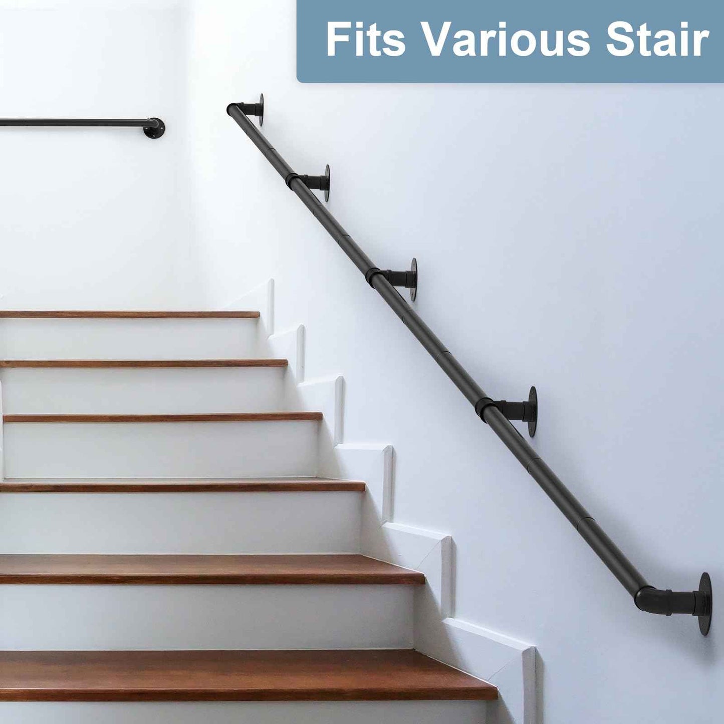 mapleway Pipe Stair Handrail, 14ft Railing for Indoor Steps Metal Staircase Hand Rail Industrial Iron Handle for Wall Mount Support, Black