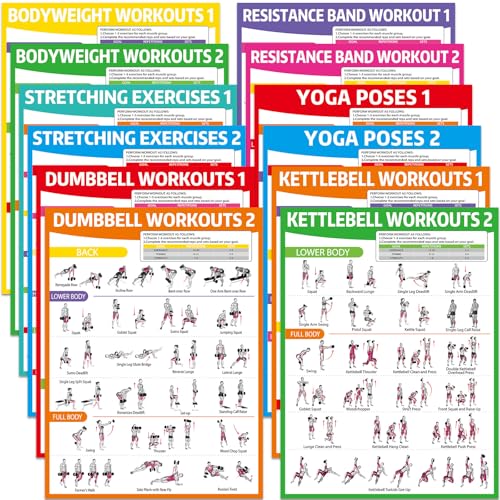 12PCS Colorful Workout Posters Set - Home Gym Exercise Charts