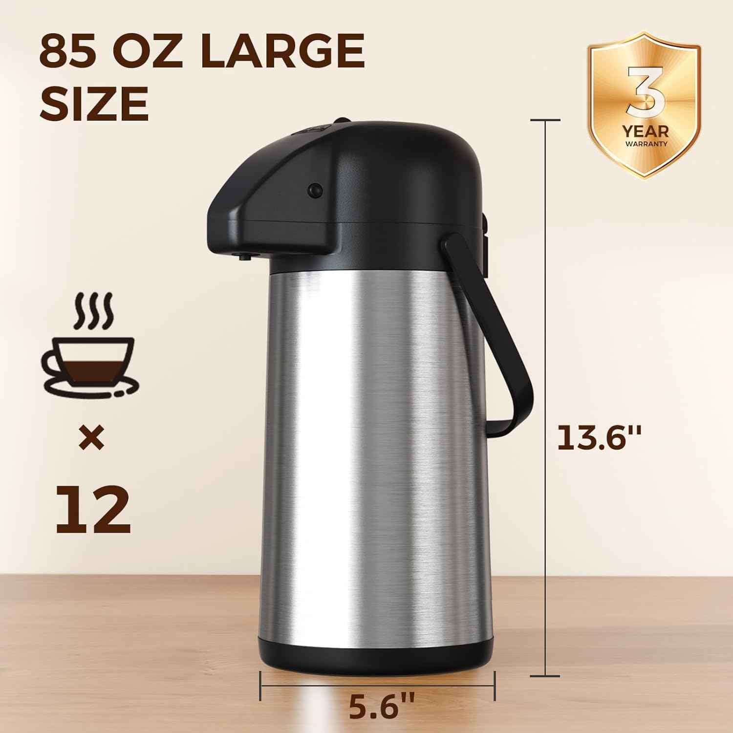 Large 102OZ Stainless Steel Coffee Carafe - Insulated Airpot Dispenser for Hot Drinks