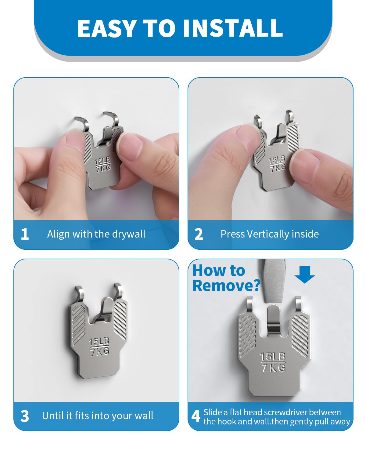 15 lb Drywall Picture Hangers with Claw: 15 Pack Heavy Duty Steel Picture Hanging Hooks - No Damage Sawtooth D-Ring Wire Kit Hanger for Room Office Decor Wall Art Mirror Photo Poster Frame