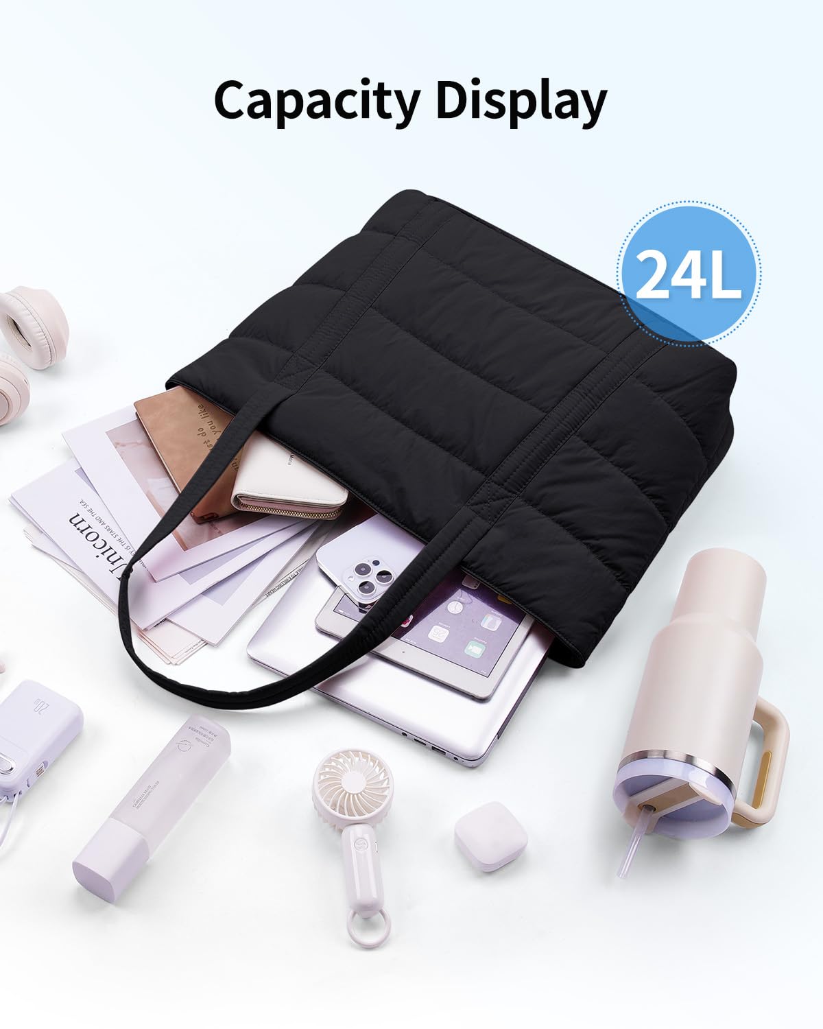 Narwey Work Tote Bags for Women with Cup Holder & Laptop Compartments, Lightweight Quilted Puffer Tote Bags for Travel Gym Nurse Teacher (Black)